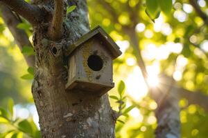 AI generated Wooden bird house on the tree photo