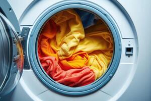 AI generated Washing machine with color clothes inside. photo