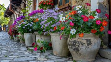 AI generated Decorative flowers in cement pots. photo