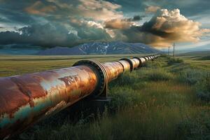 AI generated Oil pipeline running through a field towards a mountain in the distance. photo