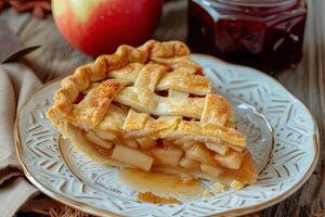 AI generated Plate with a slice of baked apple pie. photo