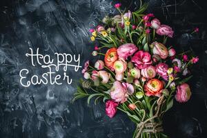 AI generated Happy easter text with beautiful colorful flowers bouquet. photo