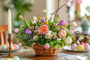 ai generado un Pascua de Resurrección flor arreglo ramo de flores en un cesta con Pascua de Resurrección huevos soportes en el festivo comida mesa en Pascua de Resurrección Mañana. foto