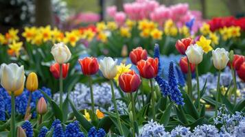 ai generado vistoso tulipanes, narciso, jacintos, lirio, hortensias, flores en primavera parque. foto