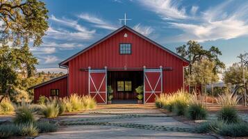 AI generated Red barn constructed on a farm in summer with doors open photo