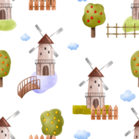 nahtlos Muster mit Windmühle auf das See, Grün Obst Bäume, Zaun. Landschaft Hintergrund zum Kinder. Hand gezeichnet Illustration auf isoliert Hintergrund. perfekt zum drucken, Wandkunst, Verpackung Papier, Kleider png