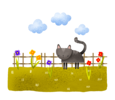Cartoon drawing with a rural black cat on the grass in flowers. Domestic kitten. Cute children's hand-drawn composition for decor, cards and invitations png