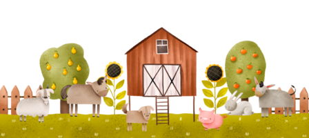 Landscape with cattle near a farm building. Even-toed ungulates and livestock graze on the lawn. Cute children's hand-drawn composition for decor, cards and invitations. Illustration for newborns png