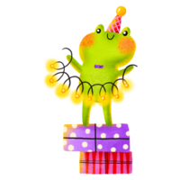 The frog stands on boxes with gifts and holds a bright garland. Hand drawn birthday illustration. Cute kids cartoon holiday illustration for children's birthday and baby shower. Celebrating png