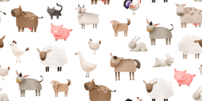 Farm animals seamless pattern. Cute cartoon domestic animals, cow, goat, sheep, horse and cattle, artiodactyla animals. Hand drawn endless background for kids png