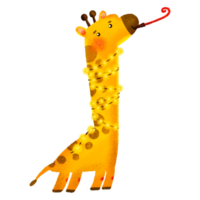 girafe avec une lumineux guirlande et une de fête tuyau. main tiré anniversaire illustration. mignonne des gamins dessin animé vacances illustration pour enfants anniversaire et bébé douche. célébrer png