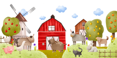 Horizontal landscape with a windmill, farm and fruit trees. Cattle and domestic animals graze on the lawn. Barnyard. Cute children's hand-drawn composition for decor, cards and invitations png