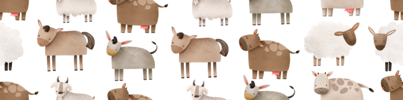 granja sin costura modelo antecedentes con granja animales, caballo, burro, cabra y vaca. mano dibujado antecedentes en dibujos animados estilo. utilizar para imprimir, fondo de pantalla, niños ropa, moda. png