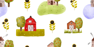 Seamless pattern of cute farm. Background of farm, windmill in cartoon hand drawn style. Landscape illustration with fruit trees and flowers. Perfect for Wallpaper, fabric, textile and wrapping paper png