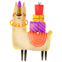 alpaca con regalos. gracioso llama. cumpleaños ilustración. linda niños dibujos animados fiesta ilustración para para niños cumpleaños y bebé ducha png