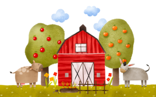 A cow and a donkey stand near a red wooden farm. Barnyard. Illustration on an isolated background. Cute children's hand-drawn composition for decor, cards and invitations. png