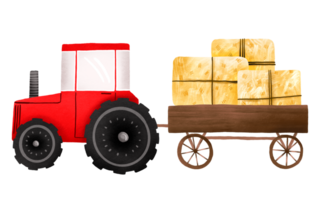 Farm red tractor with trailer and haystacks. Life in the village. Children's hand drawn illustration on isolated background png