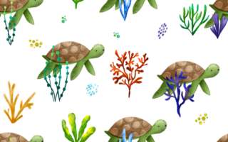 Seamless pattern with hand-drawn sea corals and algae and cartoon turtle. Underwater sea world. Oceania and the underwater world. Children's hand drawn illustration on isolated background. Textile png