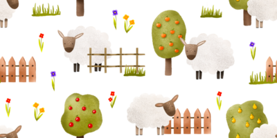 Farm seamless pattern with sheep. Cute cartoon sheep near fruit trees and wooden fence. Cute kids endless background. Use for wrapping paper, clothes, wall art, textile png