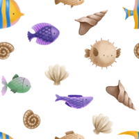 Hand-drawn seamless pattern with fish. Seascape. At the bottom of the ocean and sea. Cute illustration for children png