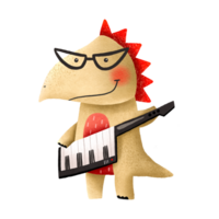 cartone animato dinosauro giocando un' sintetizzatore musicista pianista dinosauro stella del rock giocando musicale strumenti grafico per tipografia manifesto, carta etichetta aviatore pagina bandiera bambino indossare asilo png