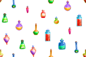 Seamless pattern with glass flasks and elixirs. Magic potions  tubes and bottles. Hand drawn pattern. Science lab sketch background, Magical elements. png