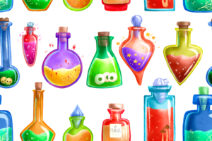 Seamless pattern of magical colored tinctures with love potions. Tincture on the skull and eyes, mushrooms. Magic elixir. Wizard background. Chemistry and alchemy. Hand drawn illustration png