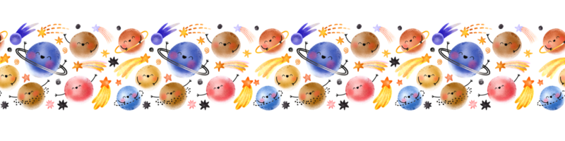 kinderachtig naadloos grens achtergrond met ruimte. eindeloos patroon met grappig planeten en sterren. kosmisch decor voor een kinderen kamer. buitenste ruimte. kinderen illustratie voor textiel en verpakking papier png