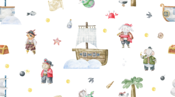 endless pattern with sea, pirates ship, boat. Water transport. Oceania life. Cute animal character, pirate in hat. Seamless background png