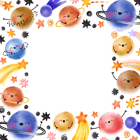 Platz Rahmen zum ein Kinder- Party mit Planeten und Sterne. Einladung im Raum Stil. Galaxis und äußere Raum. Baby Dusche zum Jungs und Mädchen. Illustration auf isoliert Hintergrund png