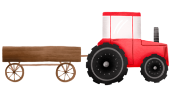 Cartoon red tractor with wooden trailer. Children's agricultural transport. Farm. Cute hand drawn illustration on isolated background. png