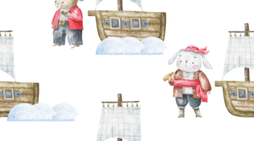 endless pattern with sea, pirates ship, boat. Water transport. Oceania life. Cute animal character, pirate in hat. Seamless background png