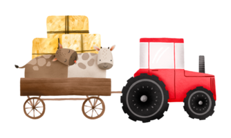 rood trekker met aanhangwagen, hooibergen en koeien. schattig tekenfilm dieren in een rood tractor. boerderij. schattig hand- getrokken baby illustratie Aan geïsoleerd achtergrond png