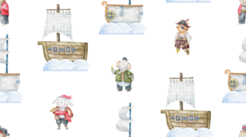 endless pattern with sea, pirates ship, boat. Water transport. Oceania life. Cute animal character, pirate in hat. Seamless background png