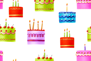 nahtlos Muster mit Kuchen. süß Nachspeisen und Gebäck. Geburtstag Kuchen. Kuchen mit farbig Glasur und Kerzen. süß Illustration zum Kinder. Kinder- Hintergrund png