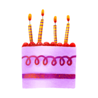 Children's purple birthday cake with 4 birthday candles. 4 years. Children's holiday illustration. Hand drawn illustration on isolated background. png