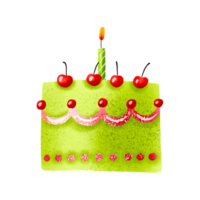 Children's green birthday cake with candle. Cake with cream and cherries. Children's holiday cartoon illustration. Hand drawn illustration on isolated background. png