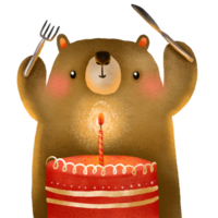 dibujos animados oso celebrando su cumpleaños. un oso come un pastel con un tenedor y cuchillo. bosque animales tarjeta postal para para niños fiesta. mano dibujado linda ilustración png