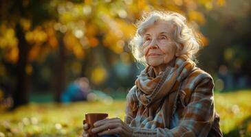 ai generado mayor mujer Bebiendo café foto