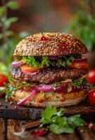 AI generated Hamburger With Meat and Vegetables on Wooden Board photo