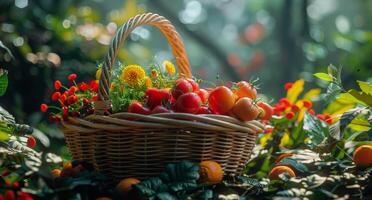 ai generado abundancia de Fresco frutas y vegetales en un cesta foto