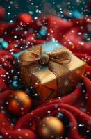 AI generated Blue Gift Box With Gold Bow photo