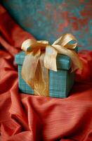 AI generated Blue Gift Box With Gold Bow photo