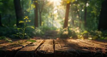 ai generado de madera mesa en bosque foto