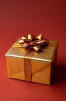 AI generated Gold Gift Box With Bow on Red Background photo
