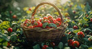 ai generado abundancia de Fresco frutas y vegetales en un cesta foto