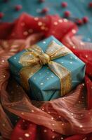 AI generated Blue Gift Box With Gold Bow photo