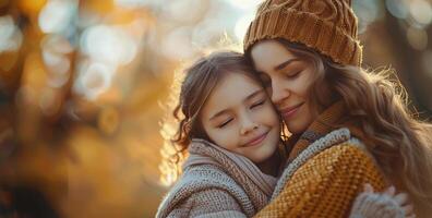 AI generated Mother and Daughter Hugging in Fall Leaves photo