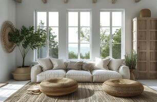 ai generado moderno vivo habitación con blanco sofá y en conserva plantas foto