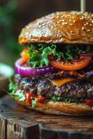 ai generado hamburguesa con carne y vegetales en de madera tablero foto